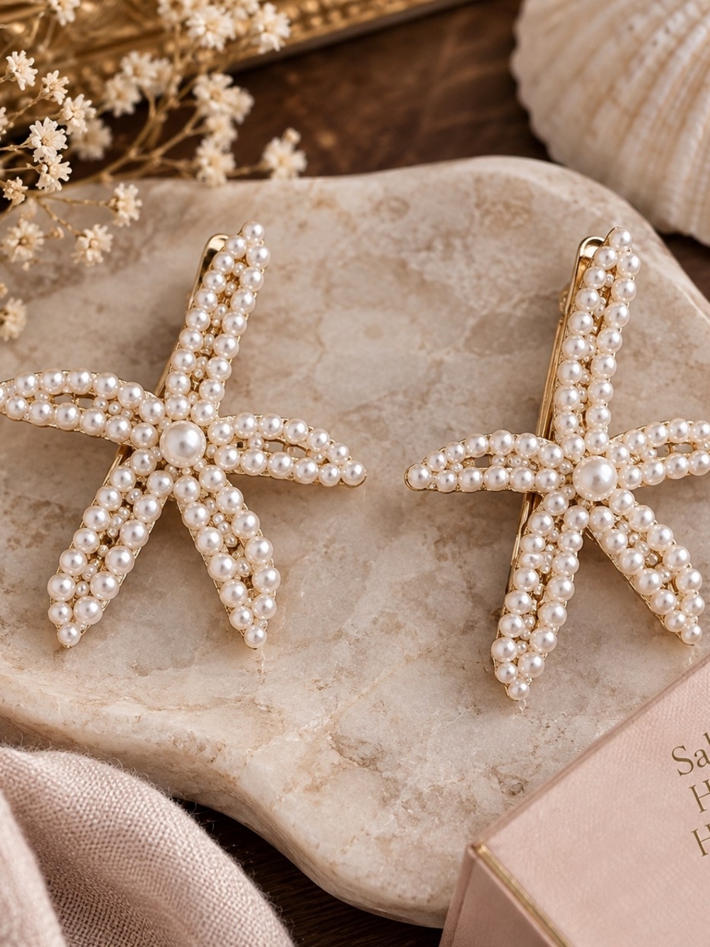 Pearl Starfish Gold-Tone Duckbill Hair Clips Barrettes โ Set of 2 New
